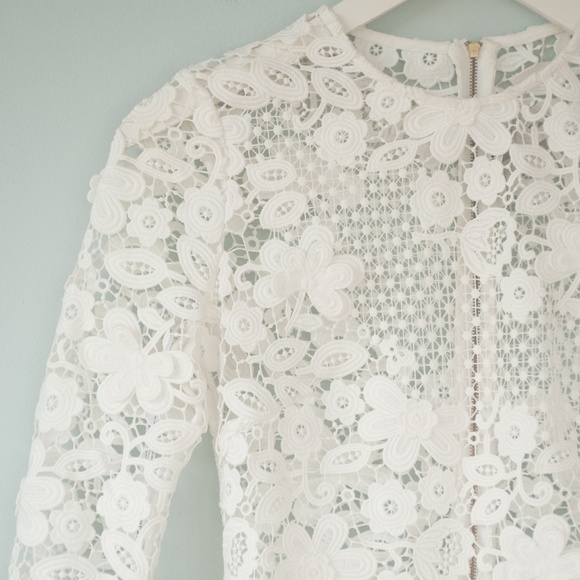 Self Portrait Long Sleeve Off White Lace 3D Mini Dress - Picture 5 of 9